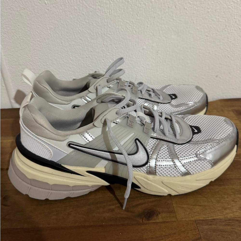 Nike V2K Metallic Silver and Cream Running Shoes